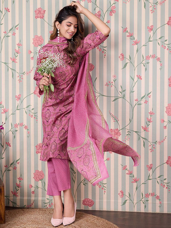 Ode by House of Pataudi Floral Printed Regular Pure Cotton Kurta with Trousers & Dupatta - Distacart