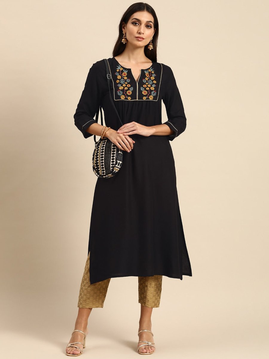 All About You Women Black Floral Yoke Design Embroidered Thread Work Straight Kurta - Distacart