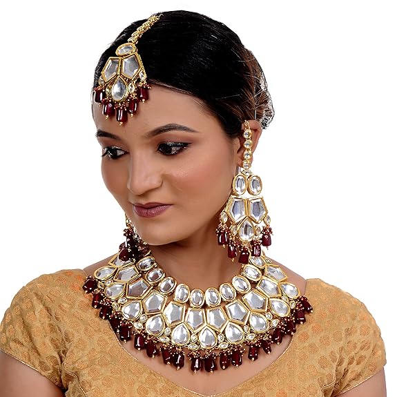Tehzeeb Creations Meenakari Gold-Polished Maroon color pentagon shape Uncut Kundan Combo Necklace Set - Distacart