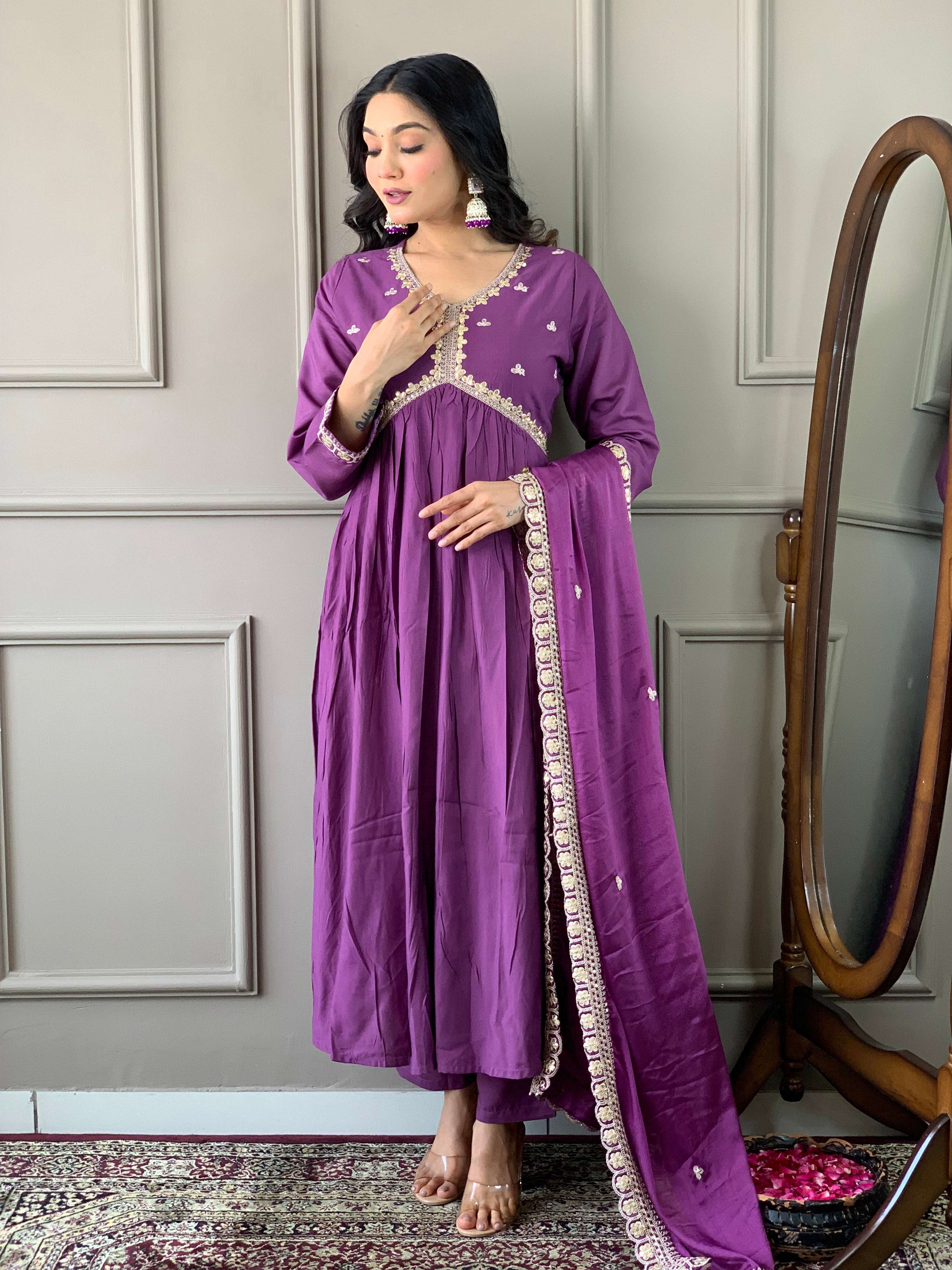 The52 Purple Embroidered Viscose Fabric Straight Kurta, Pant and Dupatta Set