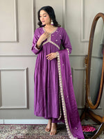 Thumbnail for The52 Purple Embroidered Viscose Fabric Straight Kurta, Pant and Dupatta Set