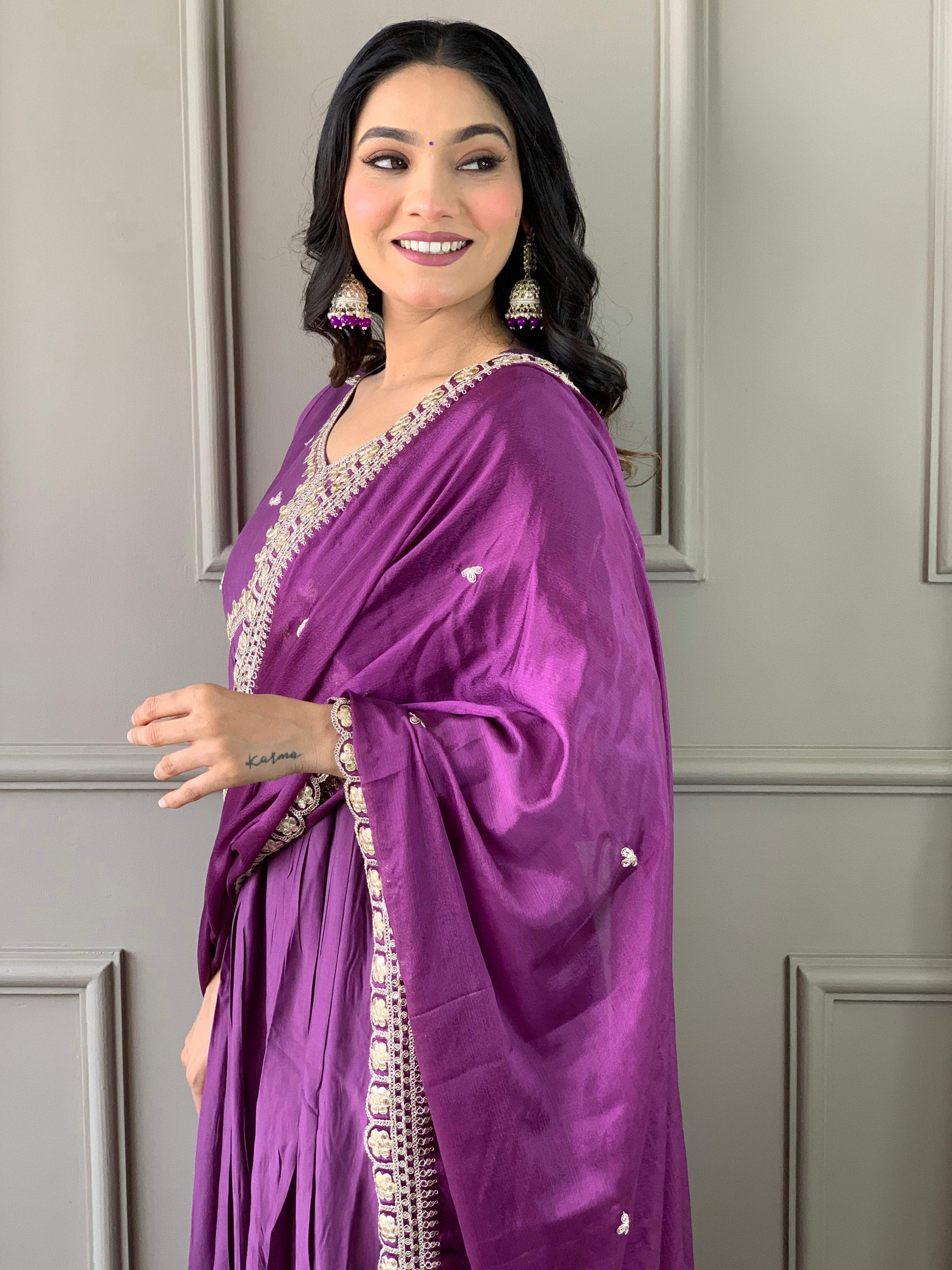 The52 Purple Embroidered Viscose Fabric Straight Kurta, Pant and Dupatta Set