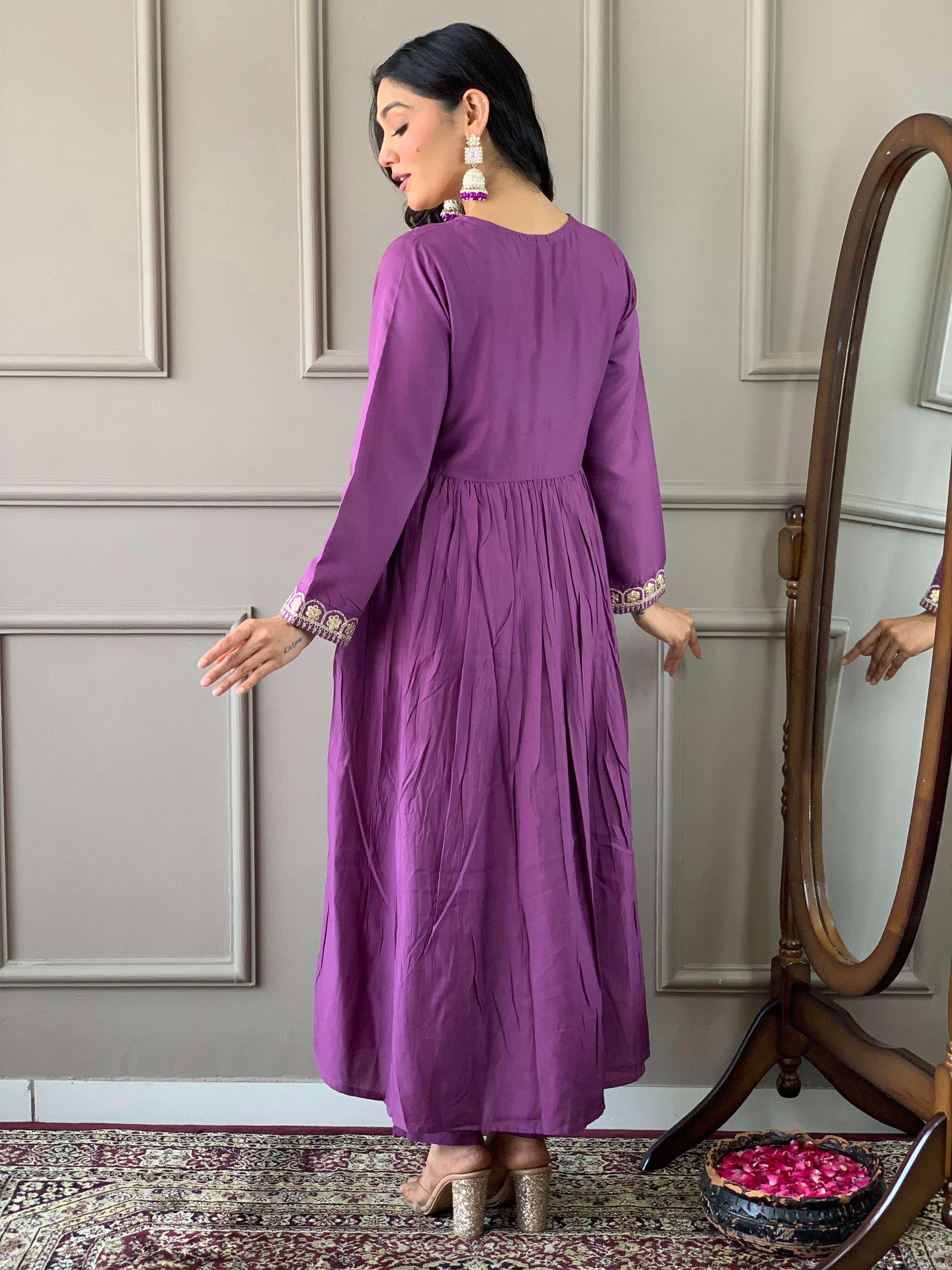 The52 Purple Embroidered Viscose Fabric Straight Kurta, Pant and Dupatta Set