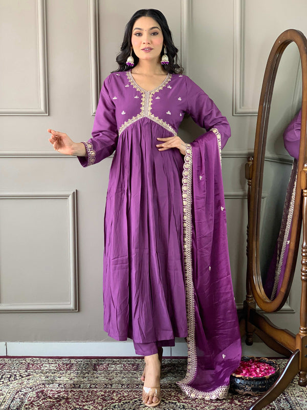 The52 Purple Embroidered Viscose Fabric Straight Kurta, Pant and Dupatta Set