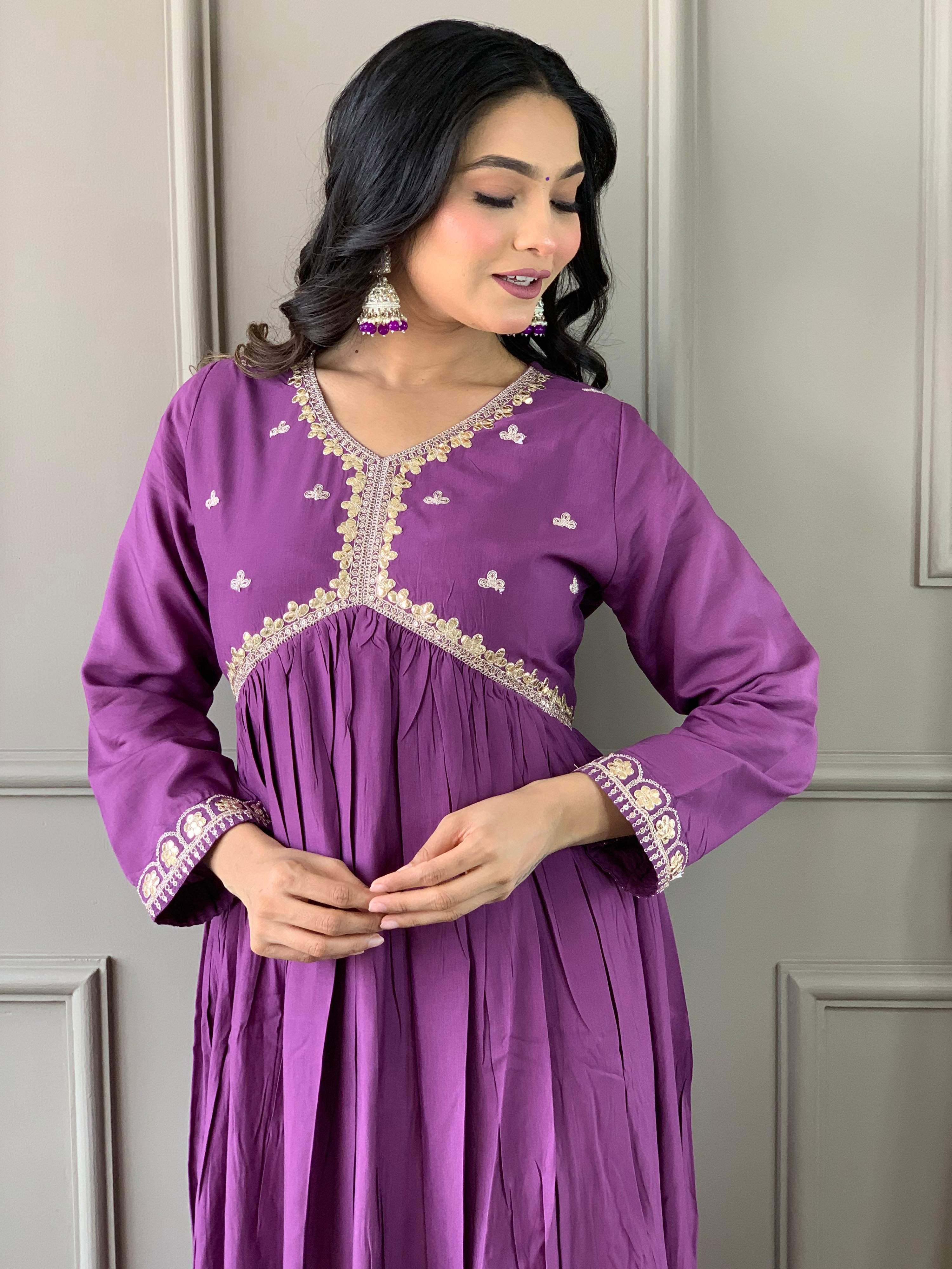 The52 Purple Embroidered Viscose Fabric Straight Kurta, Pant and Dupatta Set