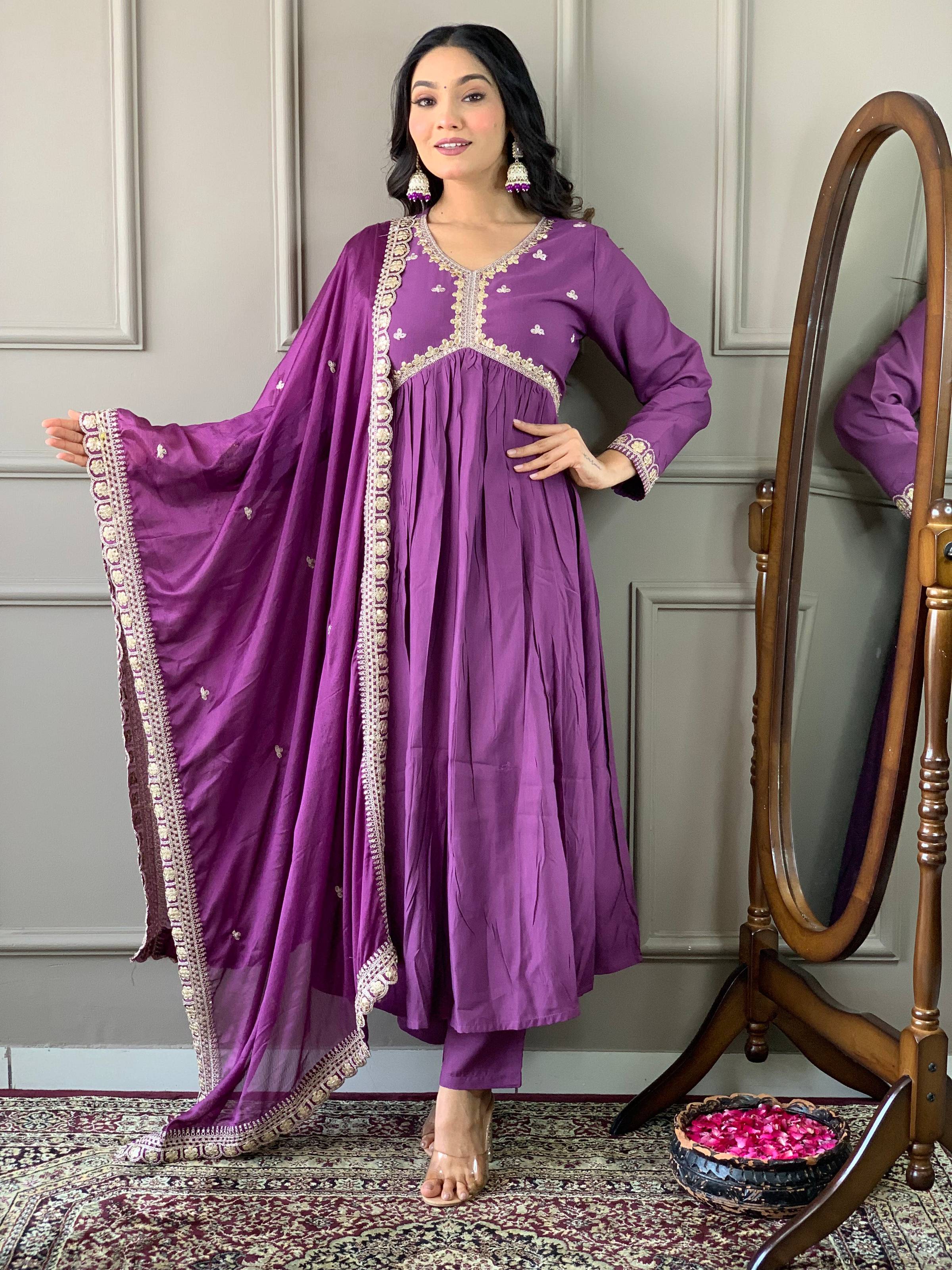 The52 Purple Embroidered Viscose Fabric Straight Kurta, Pant and Dupatta Set