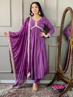 Thumbnail for The52 Purple Embroidered Viscose Fabric Straight Kurta, Pant and Dupatta Set