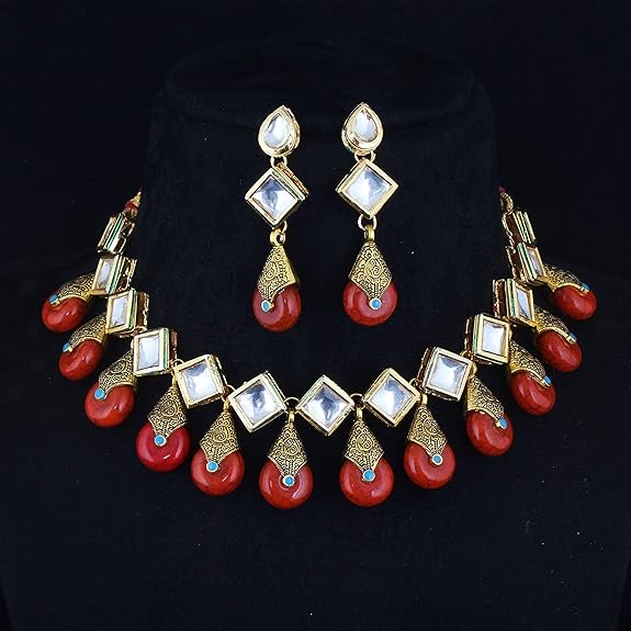 Tehzeeb Creations Back Meenakari Gold-Polished Red Color Square Shape Earring Jewellery Set Uncut Kundan Big Faux Kundan Dibbi Kundan Necklace Set - Distacart