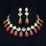 Thumbnail for Tehzeeb Creations Back Meenakari Gold-Polished Red Color Square Shape Earring Jewellery Set Uncut Kundan Big Faux Kundan Dibbi Kundan Necklace Set - Distacart