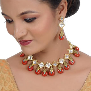 Tehzeeb Creations Back Meenakari Gold-Polished Red Color Square Shape Earring Jewellery Set Uncut Kundan Big Faux Kundan Dibbi Kundan Necklace Set - Distacart