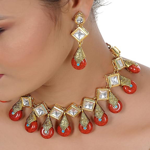Tehzeeb Creations Back Meenakari Gold-Polished Red Color Square Shape Earring Jewellery Set Uncut Kundan Big Faux Kundan Dibbi Kundan Necklace Set - Distacart