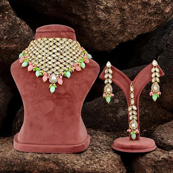 Tehzeeb Creations Designer Pink and Mint Color Choker Stone Necklace Set - Distacart