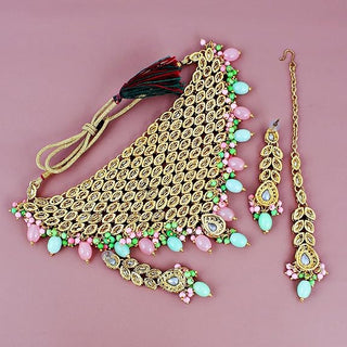 Tehzeeb Creations Designer Pink and Mint Color Choker Stone Necklace Set - Distacart