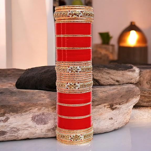 Tehzeeb Creations Bridal Bangle Set Golden White & Red Stone Chuda, Wedding punjabi Choora Fashion Chura Set for Women - Distacart