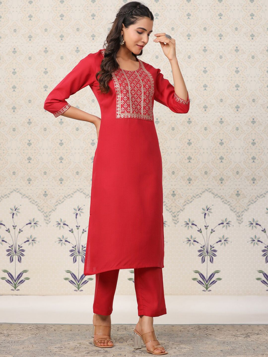 Ode by House of Pataudi Ethnic Motifs Yoke Design Sequinned Kurta with Trousers - Distacart