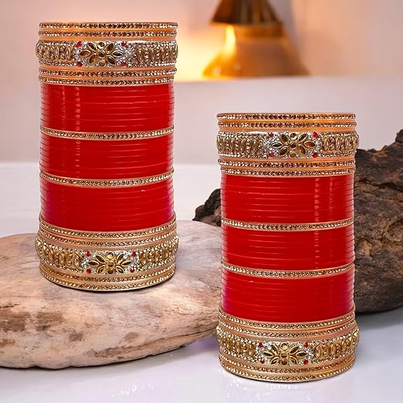 Tehzeeb Creations Bridal Bangle Set Golden White & Red Stone Chuda, Wedding punjabi Choora Fashion Chura Set for Women - Distacart