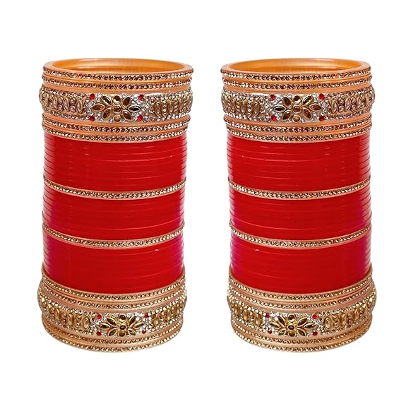 Tehzeeb Creations Bridal Bangle Set Golden White & Red Stone Chuda, Wedding punjabi Choora Fashion Chura Set for Women - Distacart