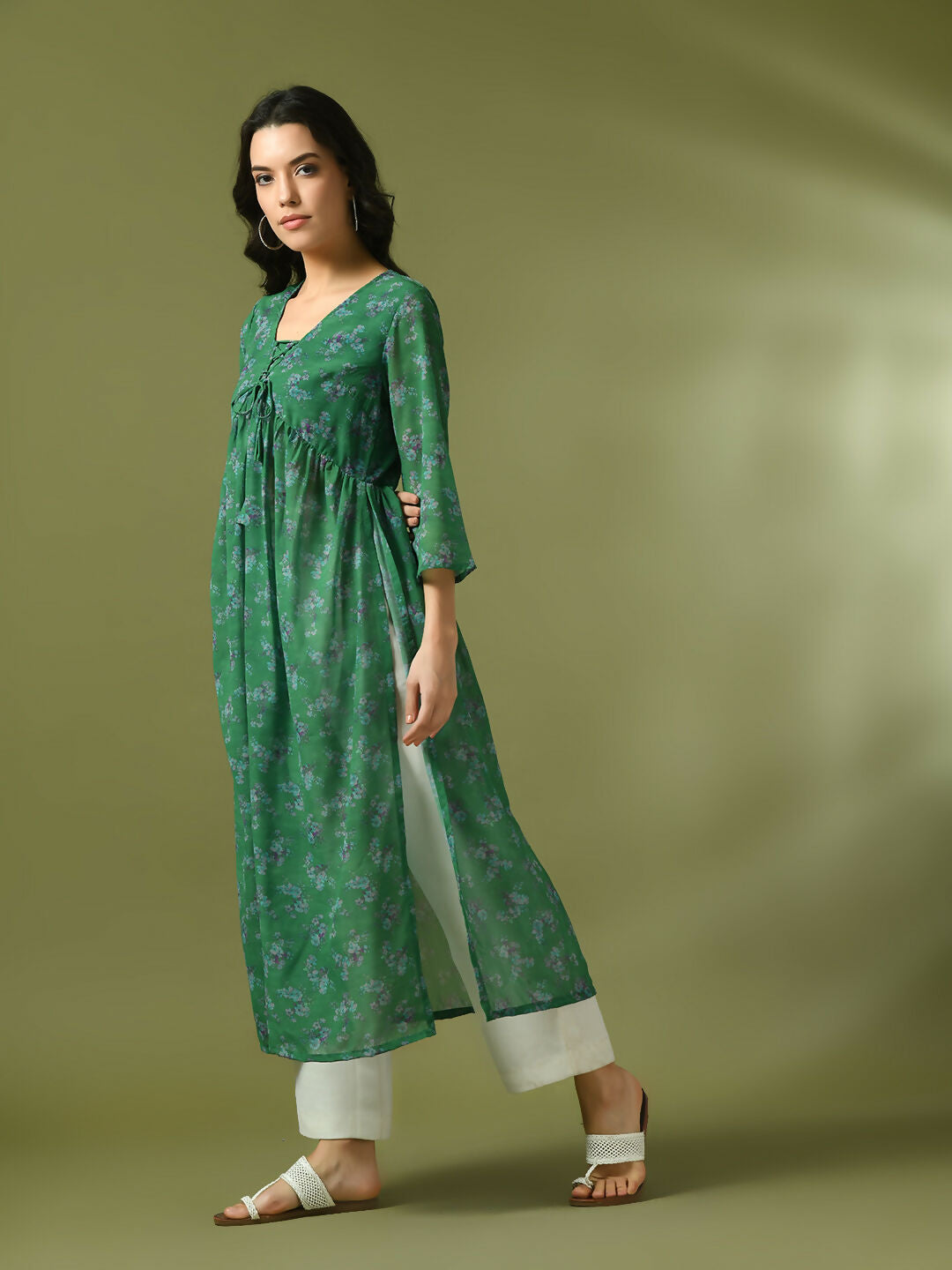 Myshka Women's Green Printed Georgette A-Line Nyra-cut Kurta - Distacart