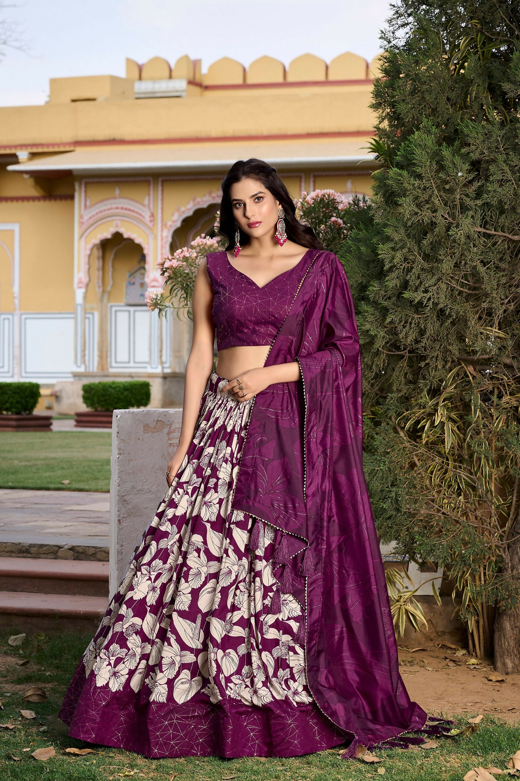 Vastranavya Ethnic Look Tussar Silk Floral Printed With Foil Work Indian Lehenga Choli - Wine - Distacart