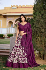 Thumbnail for Vastranavya Ethnic Look Tussar Silk Floral Printed With Foil Work Indian Lehenga Choli - Wine - Distacart