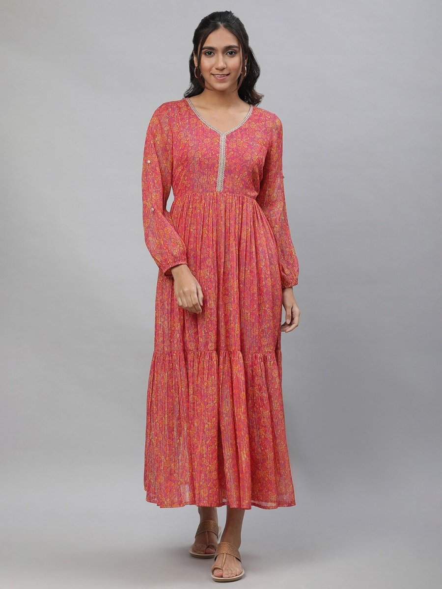 AURELIA Floral Printed Georgette Fit & Flare Tiered Maxi Ethnic Dress - Distacart