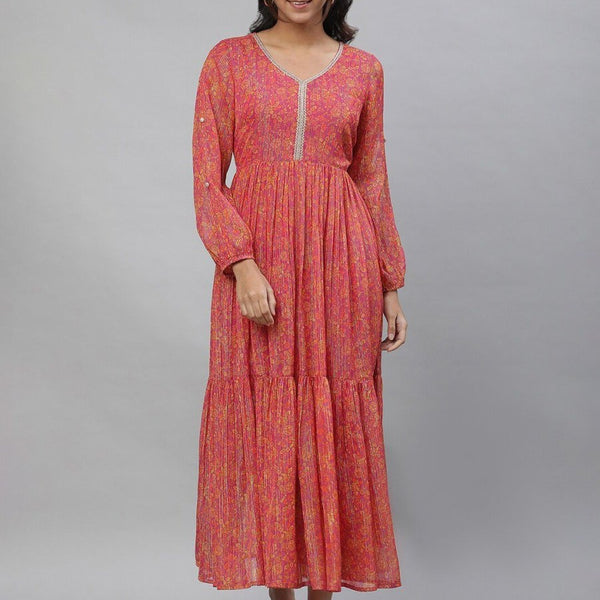 AURELIA Floral Printed Georgette Fit & Flare Tiered Maxi Ethnic Dress - Distacart