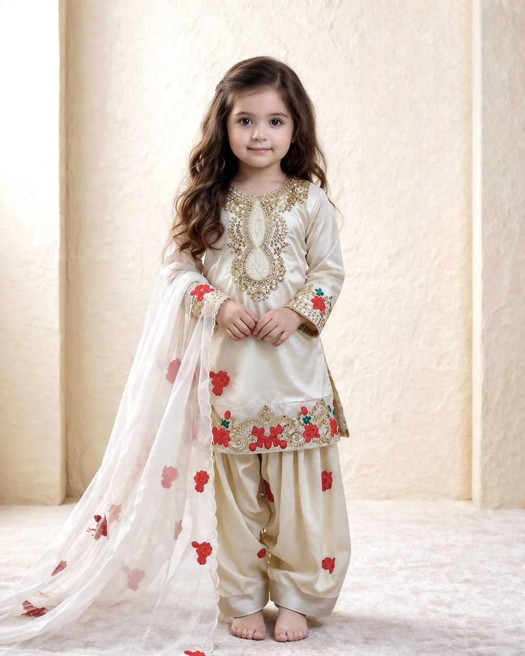 Teeya Creation New Kids Trendy Wedding Wear Traditional Kurta Salwar Set-Beige - Dista
