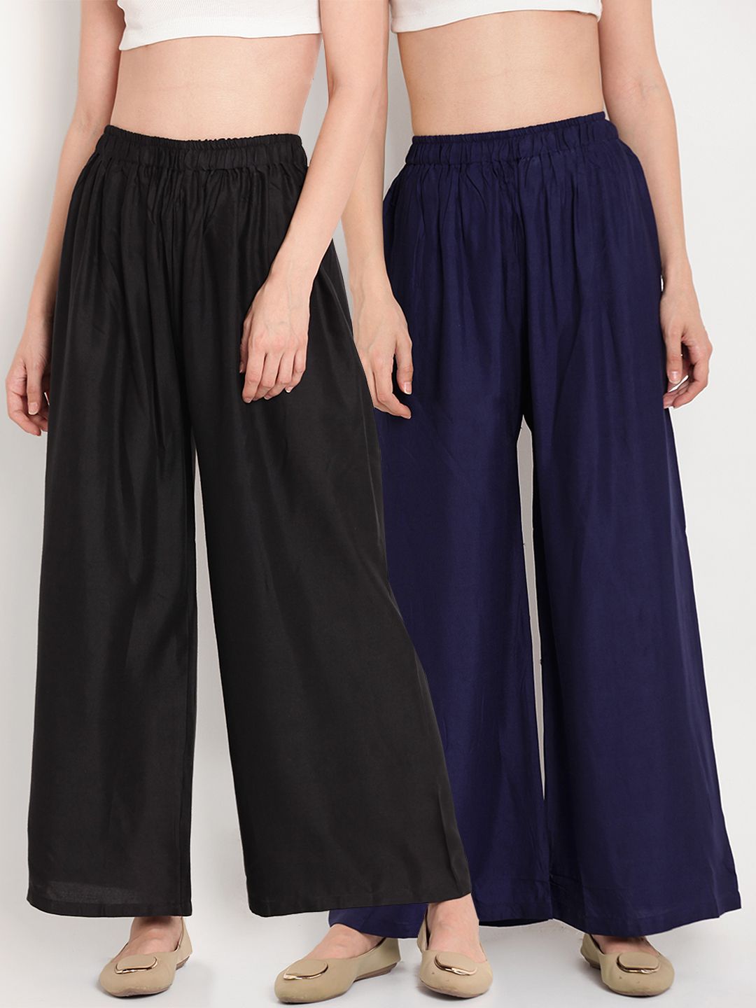 TAG 7 Women Pack Of 2 Black & Navy Blue Solid Flared Palazzos - Distacart
