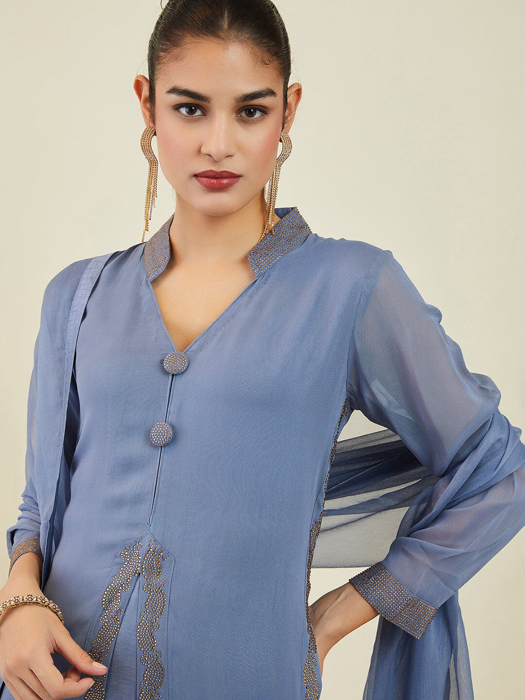 Soch Women Ethnic Motifs Layered Beads and Stones Georgette Kurta with Churidar & Dupatta - Distacart