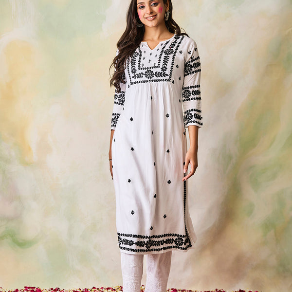 HOUSE OF KARI Notched Neck Floral Embroidered Chikankari Cotton Kurta - Distacart