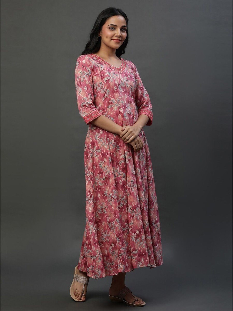 AURELIA Floral Printed V-Neck Ethnic Dress With Dupatta