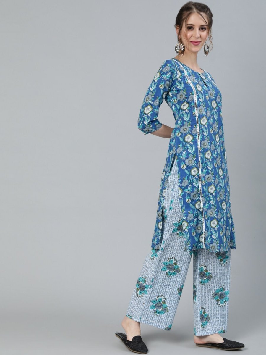 Aks Floral Printed Keyhole Neck Pure Cotton Kurta With Palazzos - Distacart