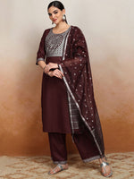 Thumbnail for Vishudh Ethnic Motifs Embroidered Straight Kurta & Palazzos With Dupatta