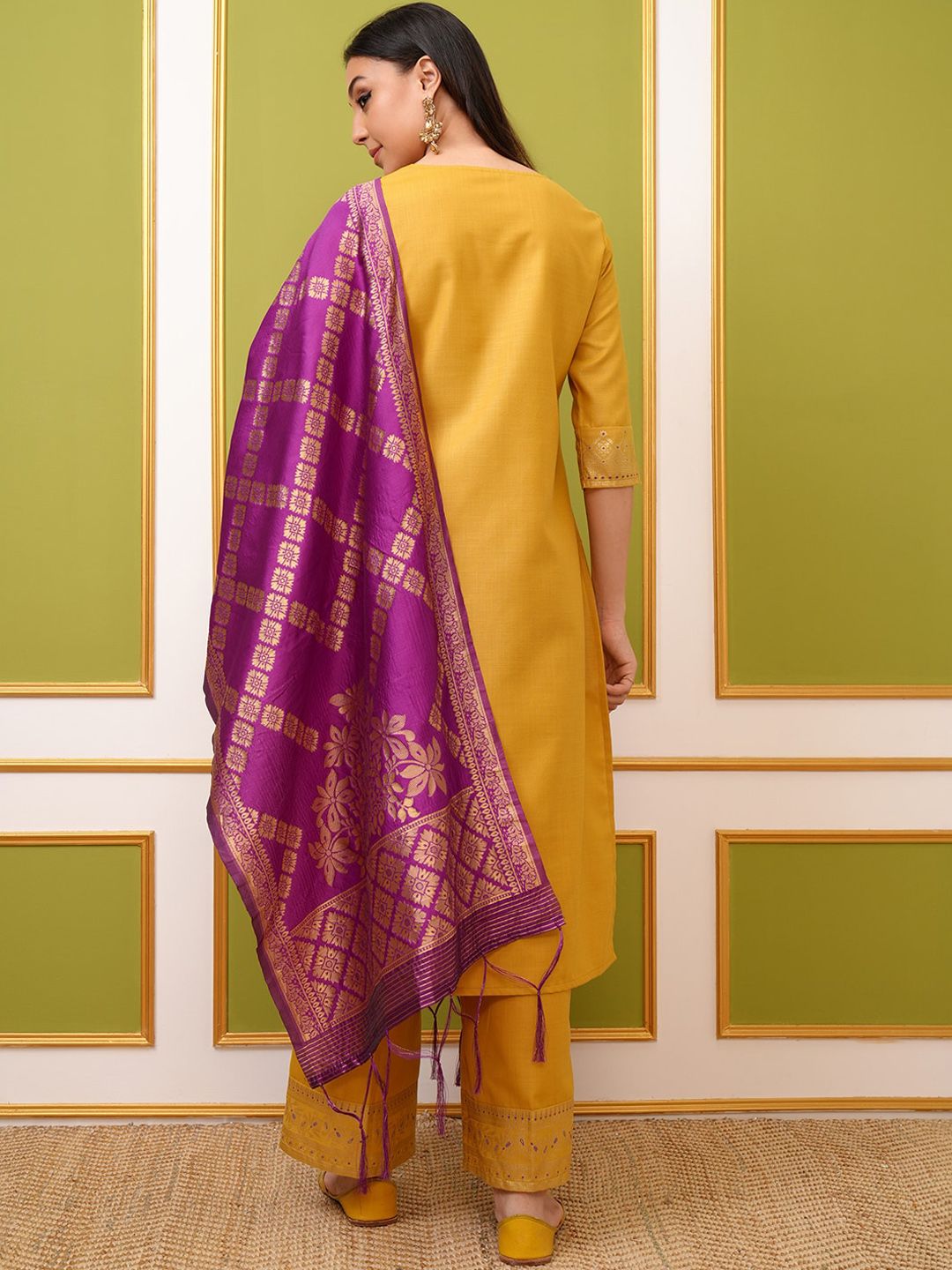 Vishudh Yellow Ethnic Motifs Printed Regular Kurta With Palazzos & Dupatta