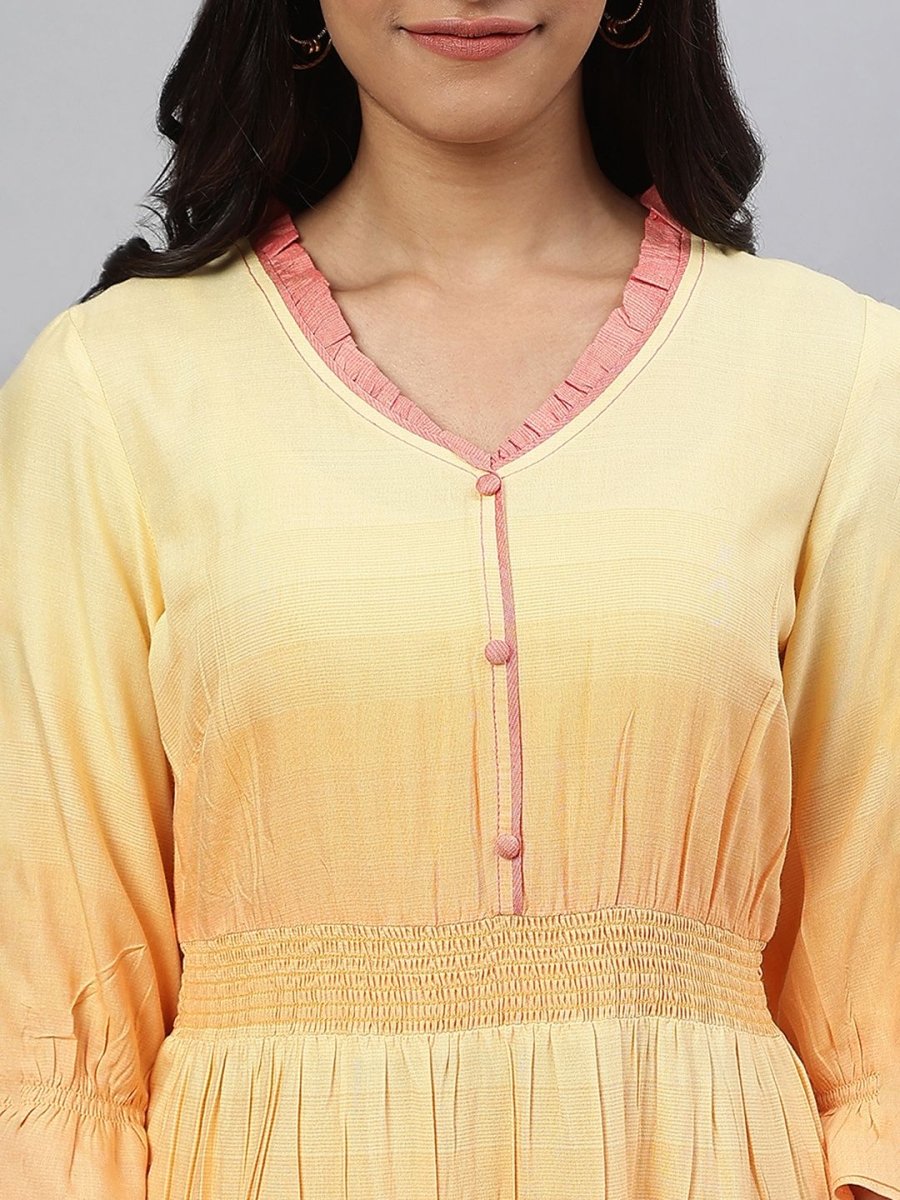 AURELIA Women Yellow & Pink Solid Round Neck Maxi Dress - Distacart