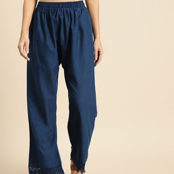 TAG 7 Women Navy Blue Hem Design Straight Palazzos - Distacart