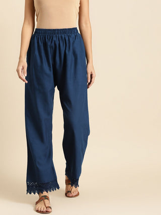 TAG 7 Women Navy Blue Hem Design Straight Palazzos - Distacart