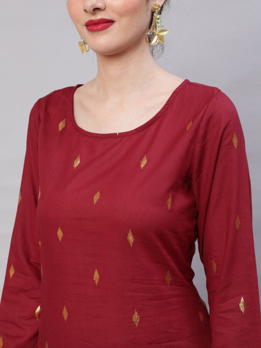 Aks Woven Design Round Neck Zari Cotton A-Line Kurta - Distacart
