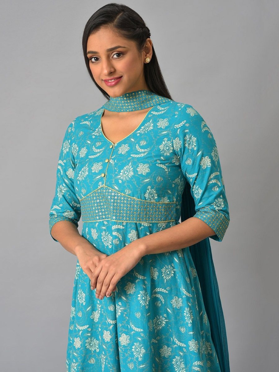 AURELIA Floral Print Ethnic A-Line Midi Dress With Dupatta - Distacart