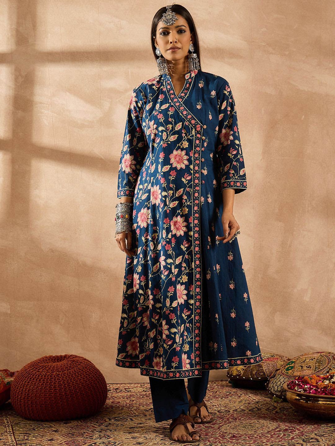 Indo Era Women Floral Printed Angrakha Beads and Stones Pure Cotton Kurta with Trousers & With Dupatta - Distacart
