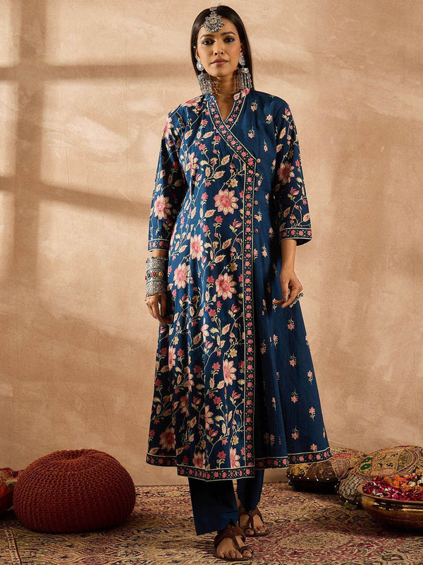 Indo Era Women Floral Printed Angrakha Beads and Stones Pure Cotton Kurta with Trousers & With Dupatta