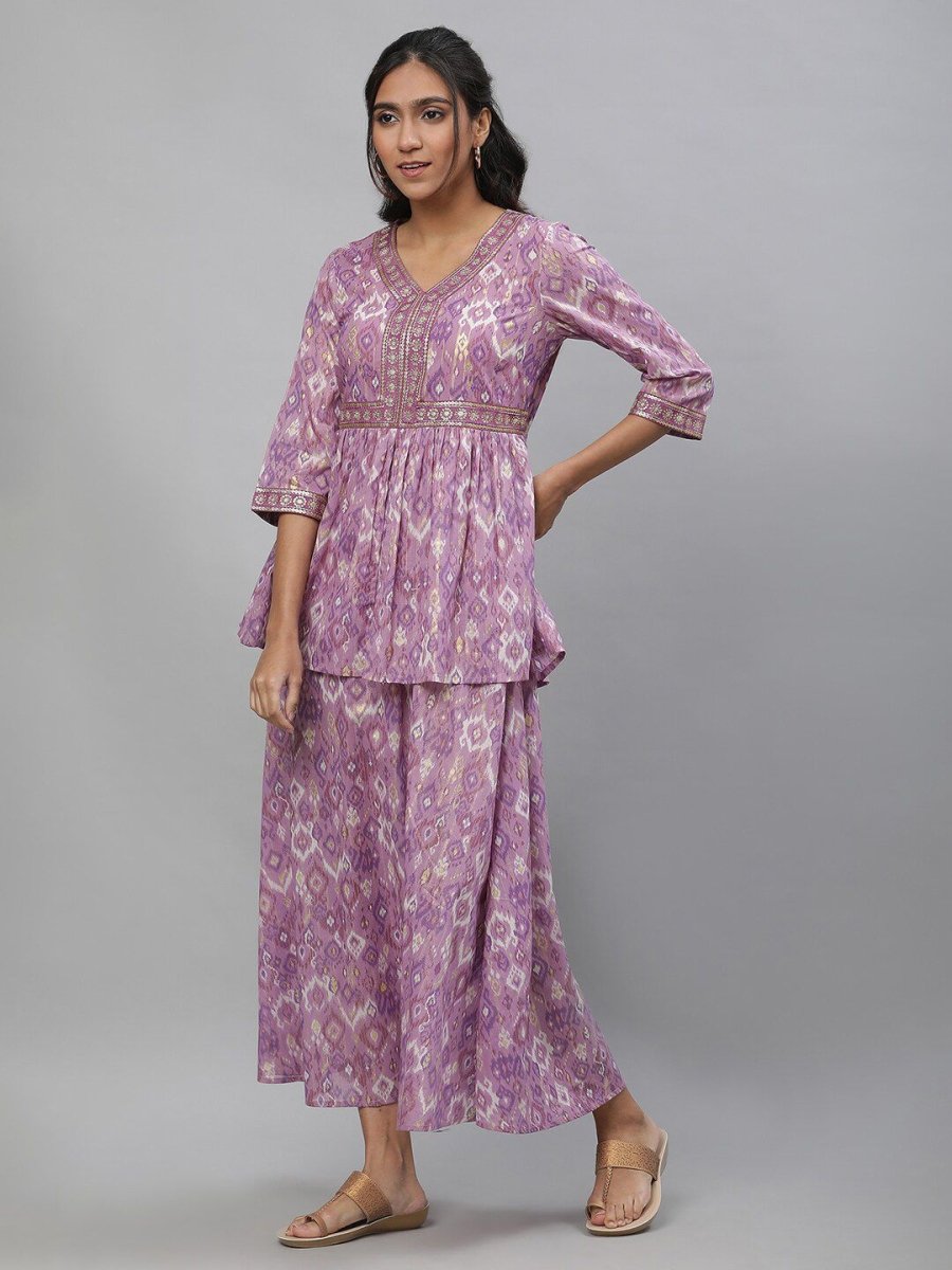 AURELIA Ethnic Motif Printed Sequinned Cotton Fit & Flare Midi Dress