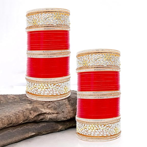 Tehzeeb Creations Bridal Bangle Set Red Designer AD & Golden Stone Dulhan Chuda Fashion Wedding Chura Punjabi Choora For Women - Distacart
