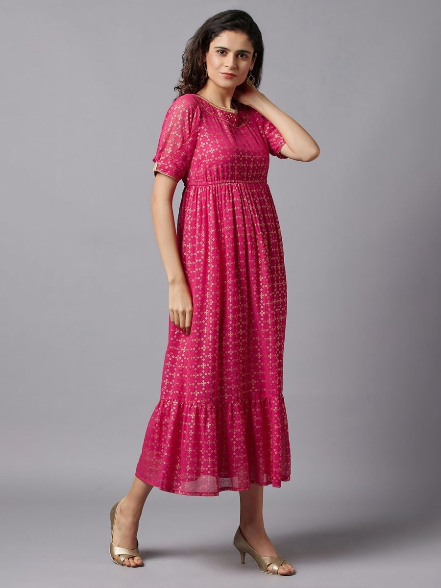 AURELIA Fuchsia & Gold-Toned Ethnic Motifs Ethnic Midi Dress