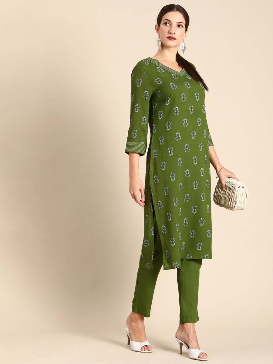 All About You Women Green Floral Printed Regular V-Neck Kurta with Trousers - Distacart