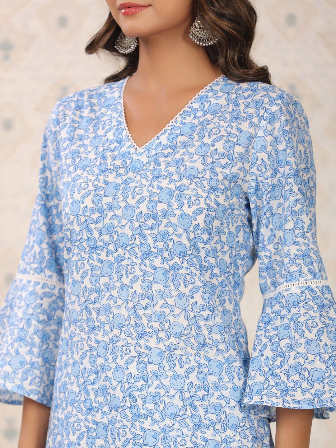 Ode by House of Pataudi Floral Printed Bell Sleeves Pure Cotton Kurta With Palazzos - Distacart