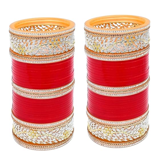 Tehzeeb Creations Bridal Bangle Set Red Designer AD & Golden Stone Dulhan Chuda Fashion Wedding Chura Punjabi Choora For Women - Distacart