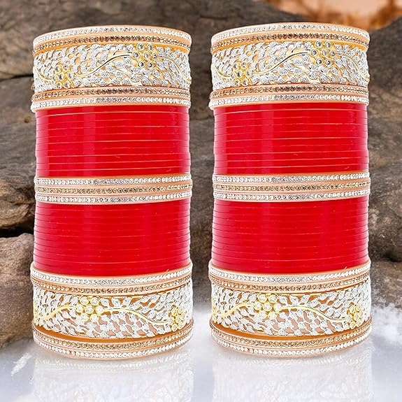Tehzeeb Creations Bridal Bangle Set Red Designer AD & Golden Stone Dulhan Chuda Fashion Wedding Chura Punjabi Choora For Women - Distacart