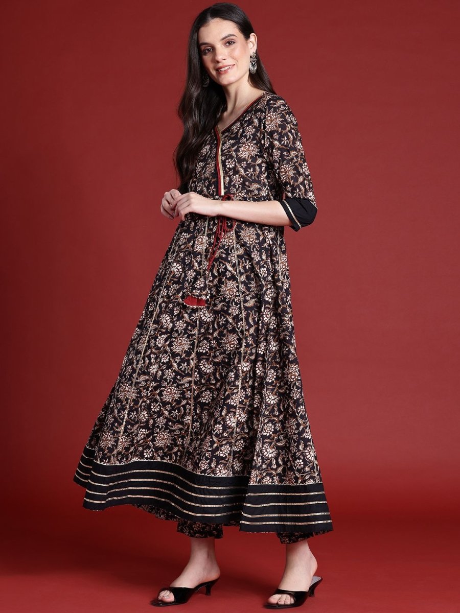 Anouk Floral Print Angrakha Gotta Patti Kurta with Trousers & Dupatta