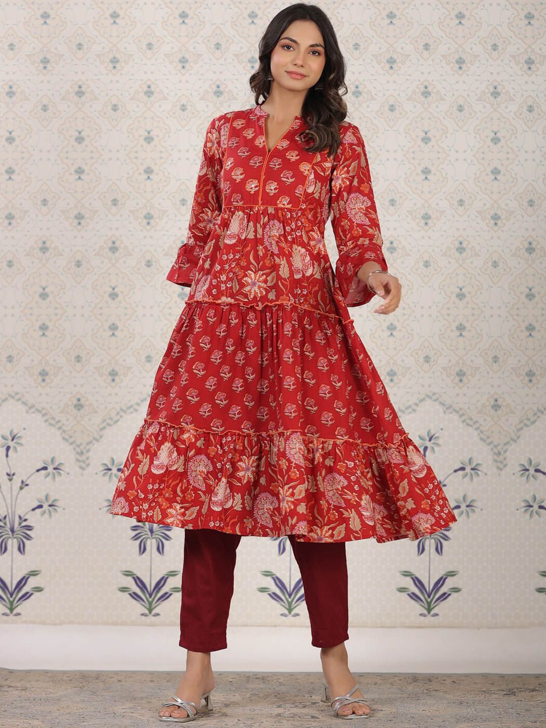 Ode by House of Pataudi Ethnic Motifs Printed Bell Sleeves A-Line Cotton Kurta - Distacart